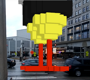 Legs of a giant Augmented Reality voxelated chicken in Grand Circus Park